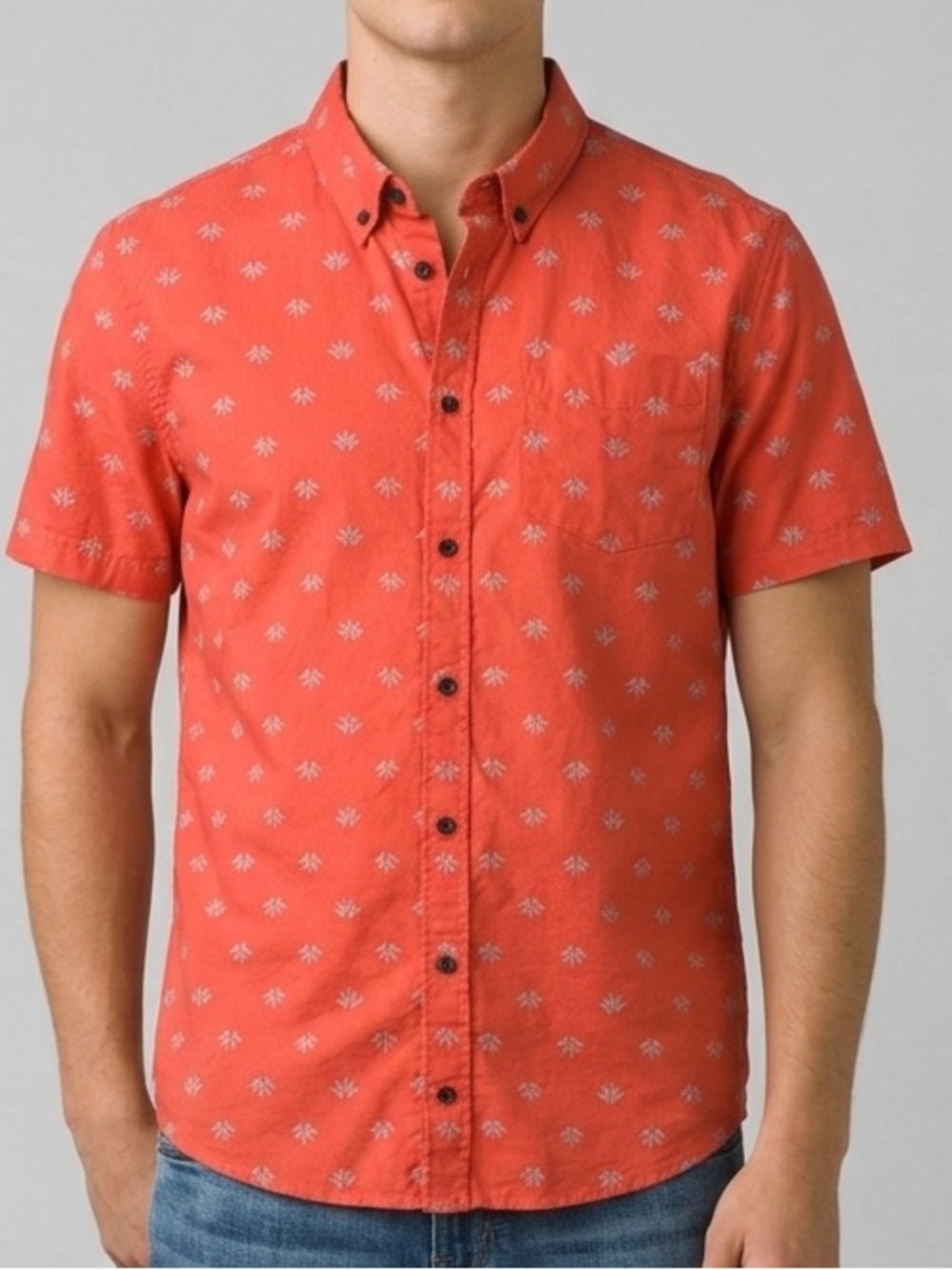 prAna Button Up Shirt Mens L Orange Geometric Hiking Outdoor